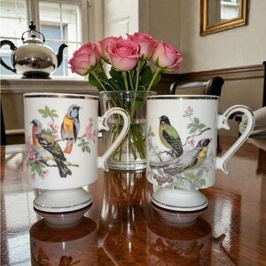 (2) Vintage ROYAL CROWN Footed Pedestal Coffee Tea Mug Cup Birds Floral